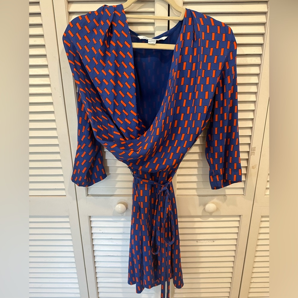 DVF wrap dress in blue/orange pattern